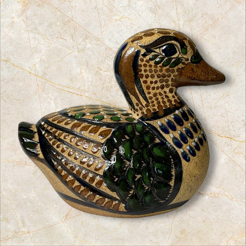 Duck‎ Tonala Mexico Sandstone Pottery Hand Painted Enamel Signed E C 6.5" Tall